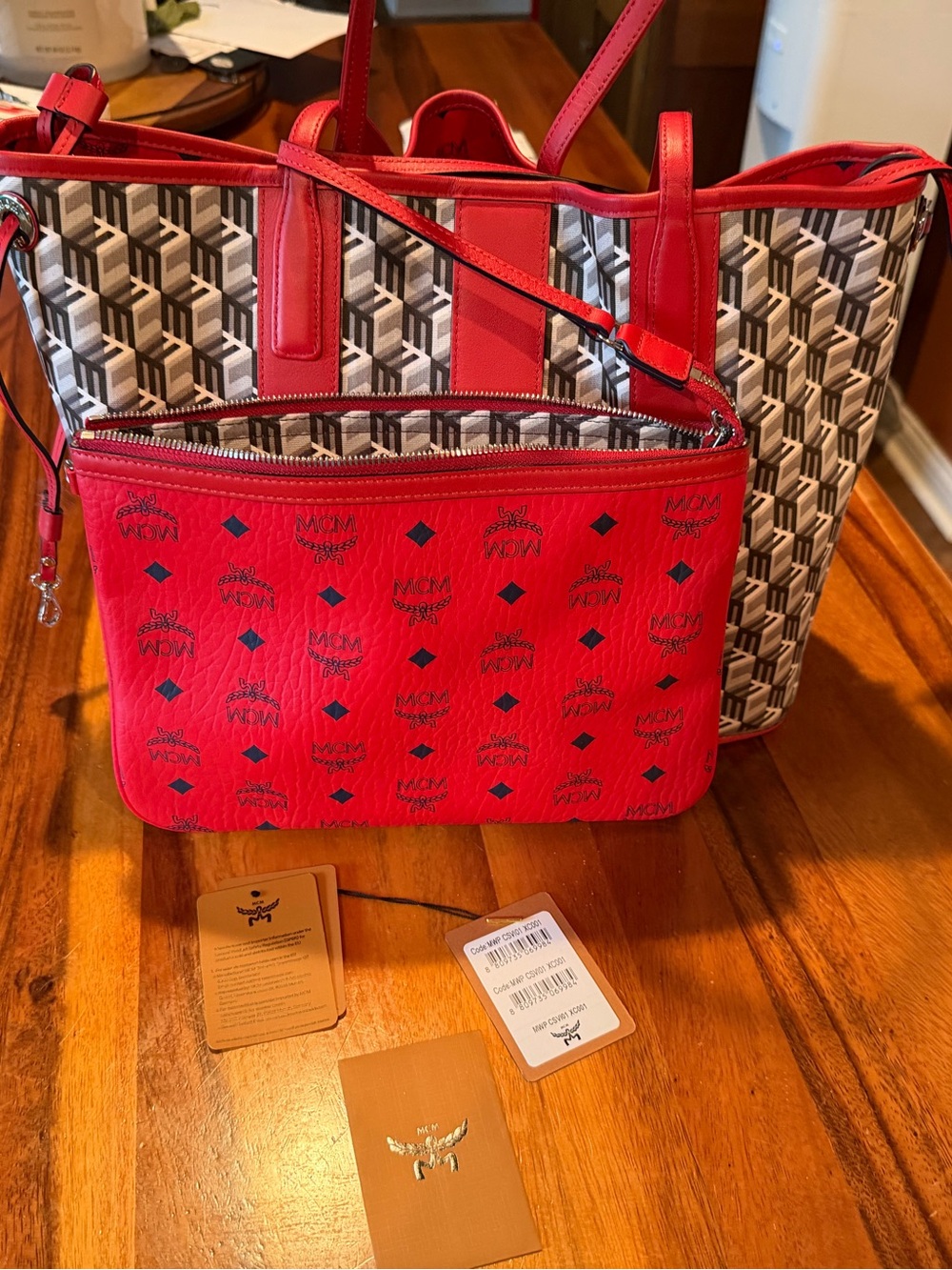 MCM Red Logo Print Reversible Leather Tote
